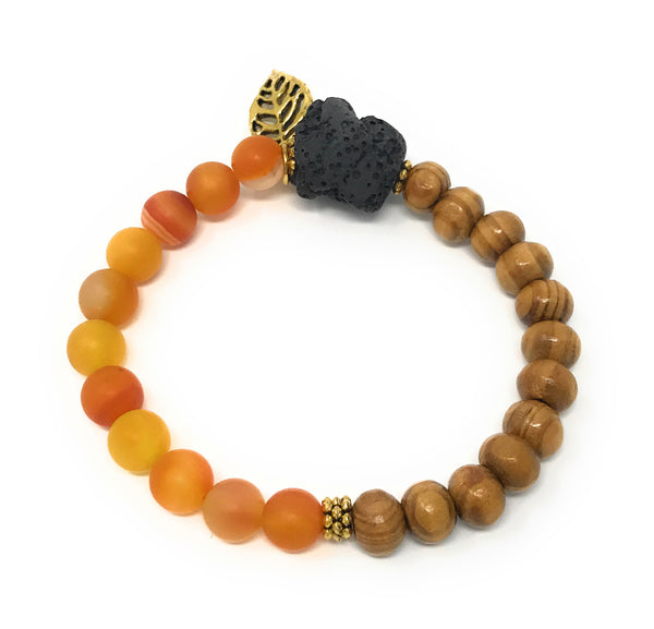 Black Lava Stone and Pine Wood with Leaf Charm Essential Oil [Diffuser] Bracelet