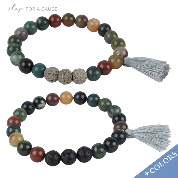 Semi Precious Gemstone Tassel Beaded Bracelet With Lava Beads