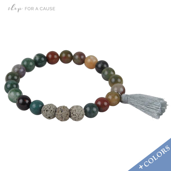 Semi Precious Gemstone Tassel Beaded Bracelet With Lava Beads