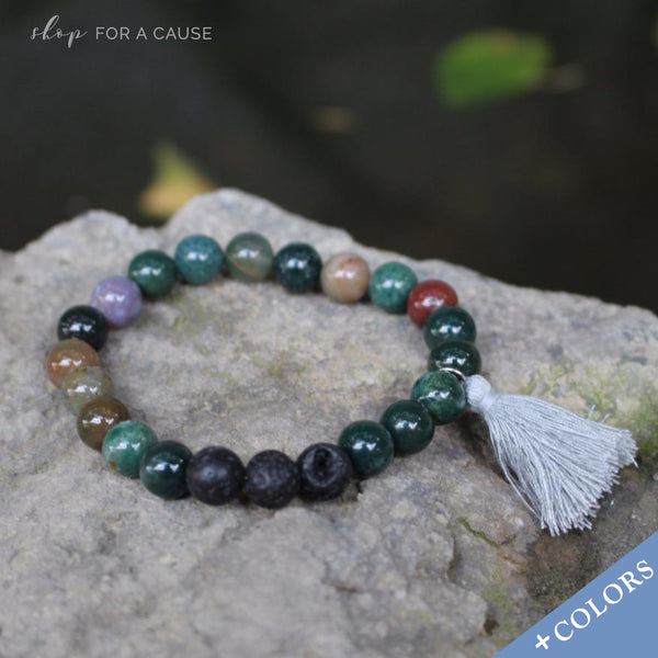 Semi Precious Gemstone Tassel Beaded Bracelet With Lava Beads