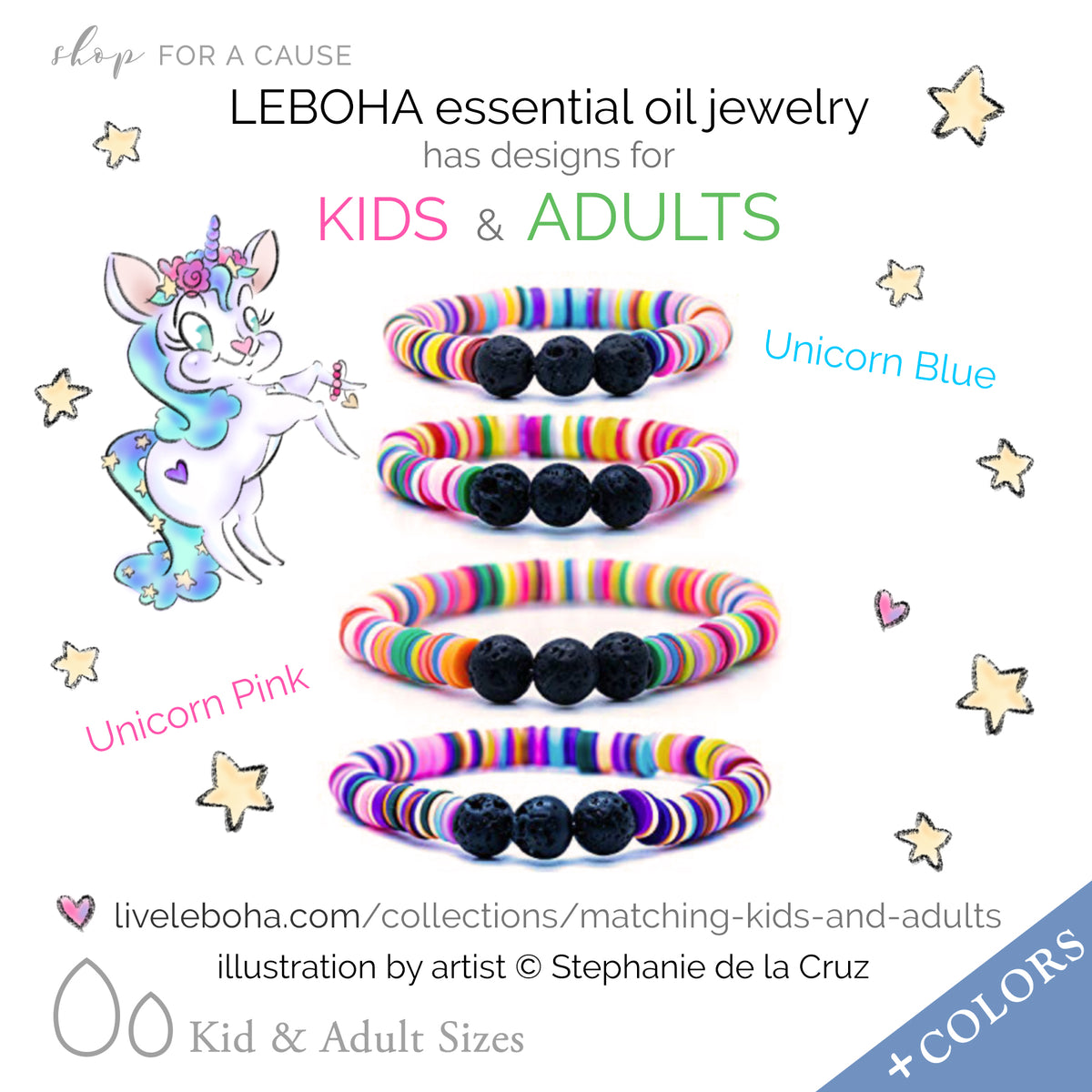 KIDS Unicorn BLUE Multi Heishi and Black Lava Rock Essential Oil