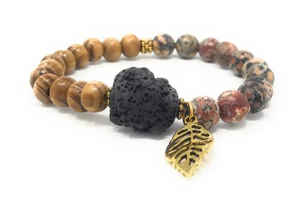 Black Lava Stone and Pine Wood with Leaf Charm Essential Oil [Diffuser] Bracelet